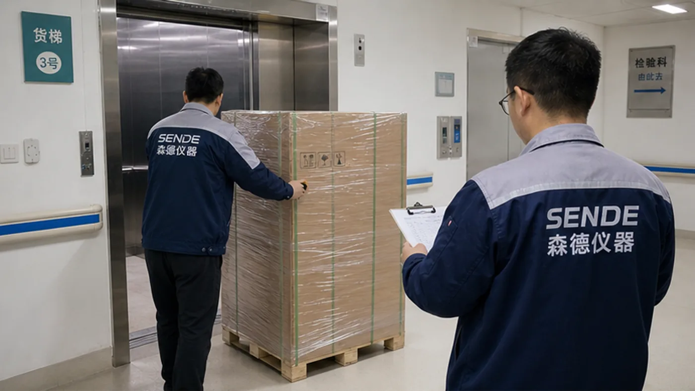 SENDE delivery team receiving sealed crates at a university freight elevator