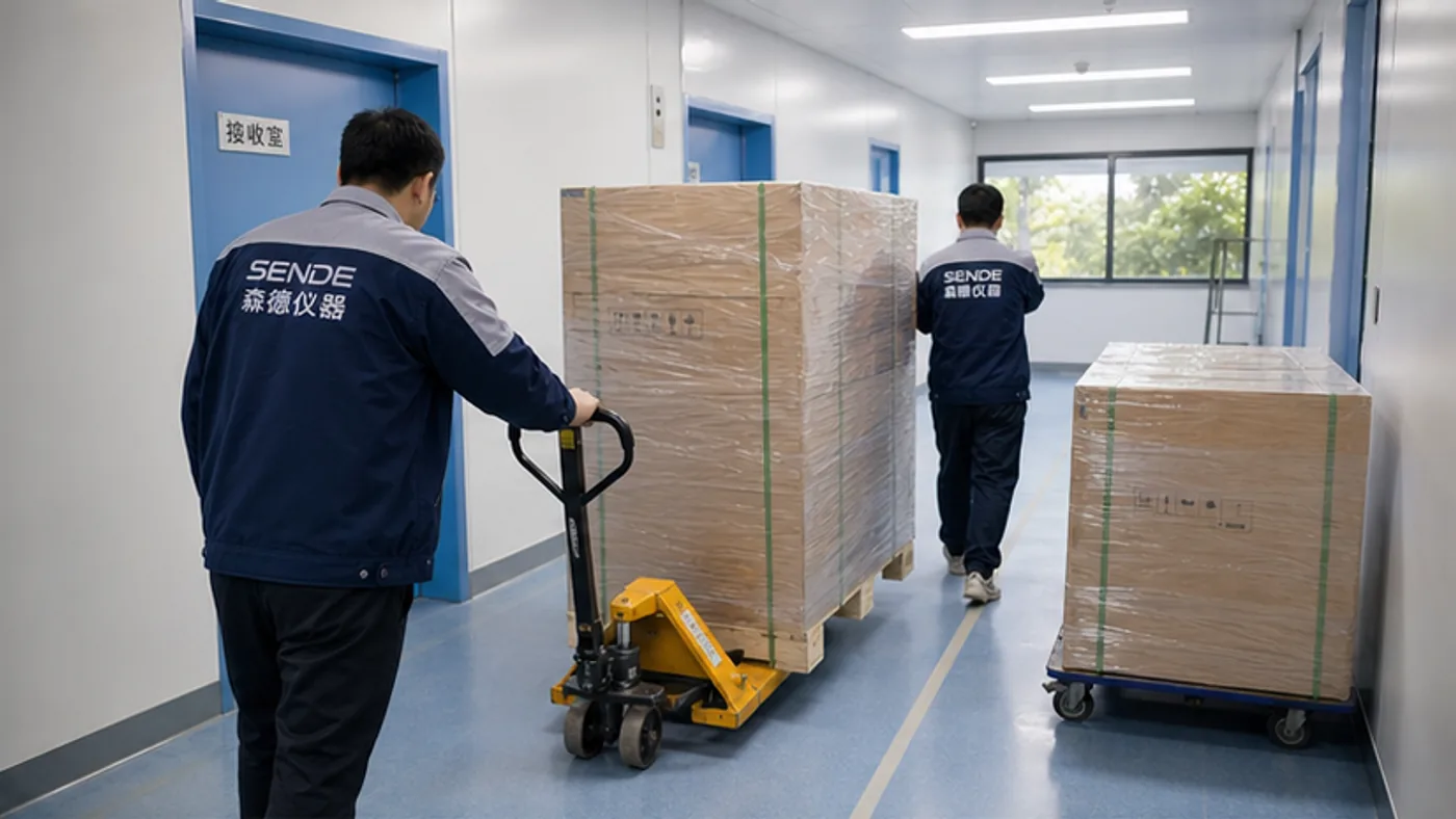 SENDE delivery team moving sealed crates through a laboratory corridor