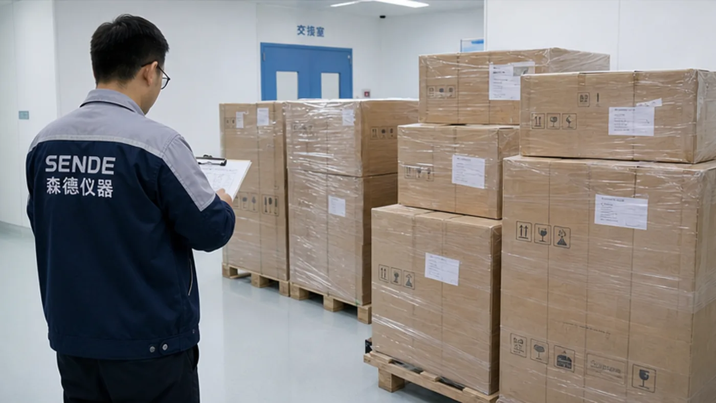 SENDE delivery team checking sealed crates in a laboratory receiving room