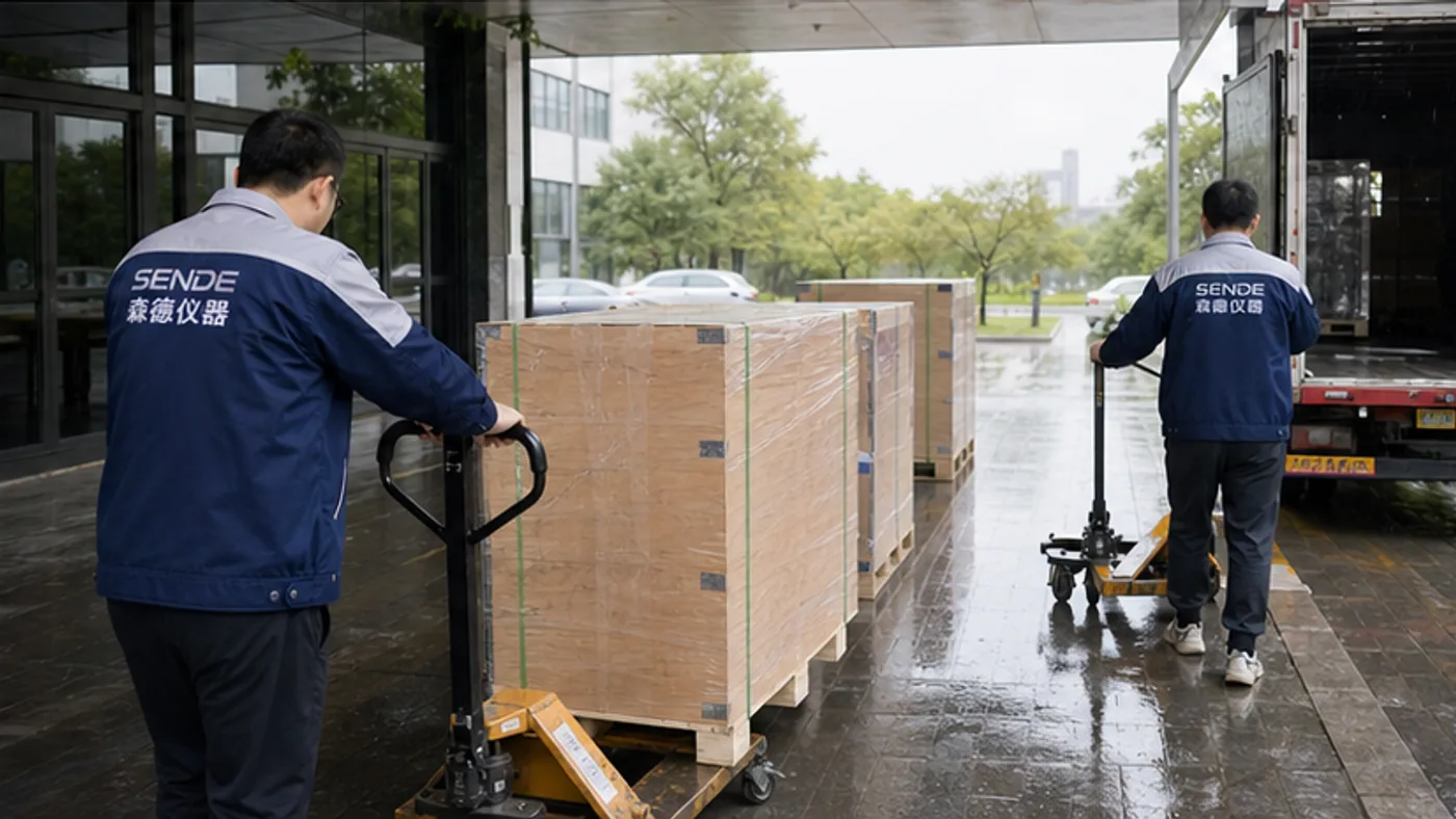 SENDE delivery team unloading sealed crates at a covered laboratory loading bay