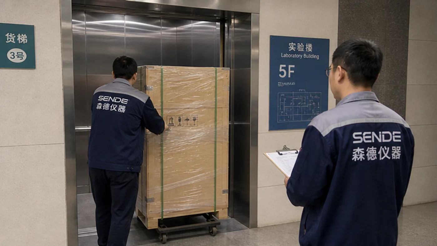 SENDE delivery team moving sealed crates into a laboratory building freight elevator
