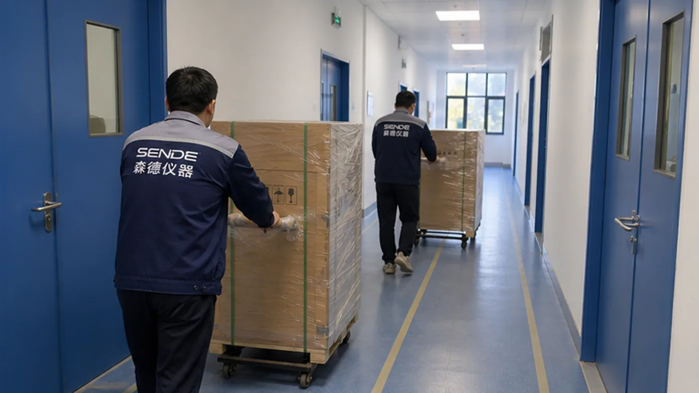 SENDE delivery team moving sealed crates along a clean laboratory corridor