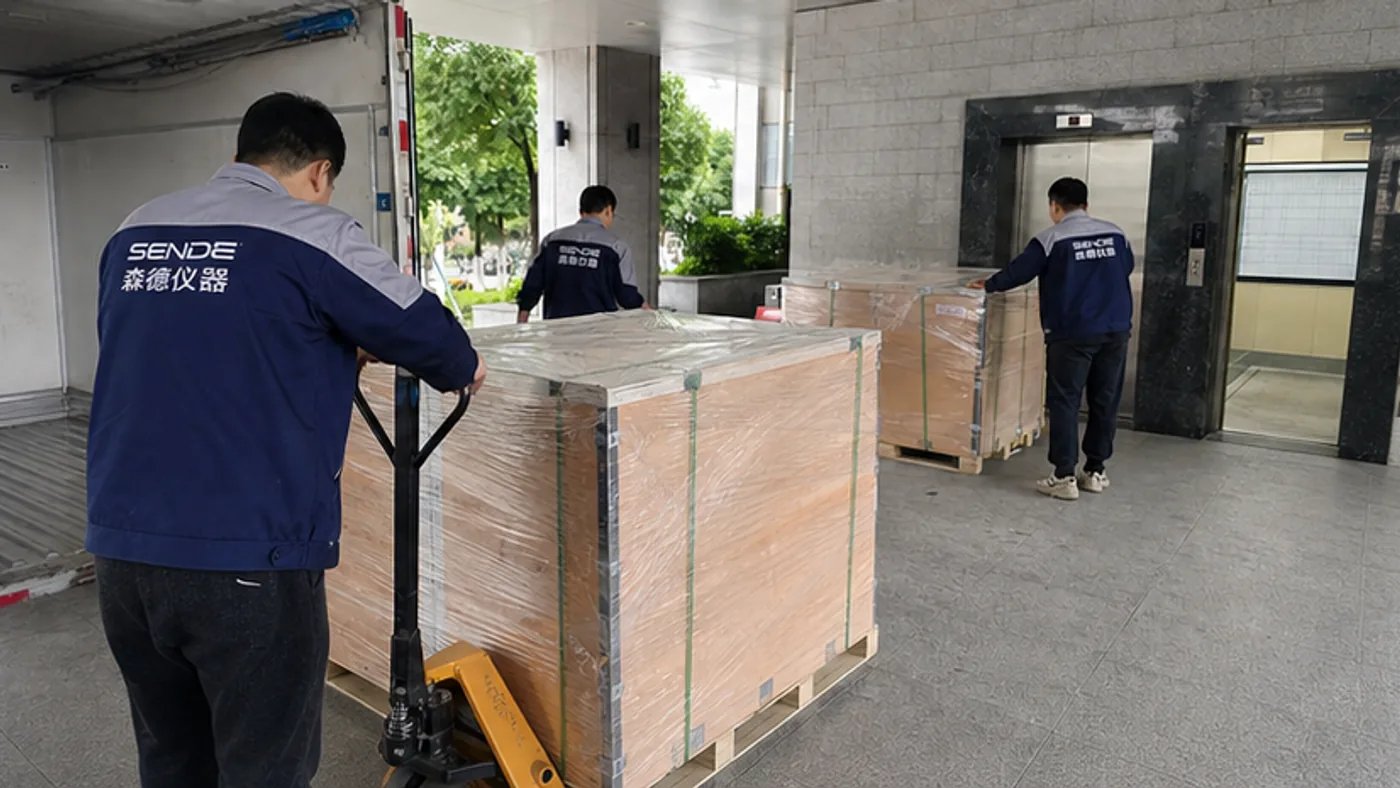 SENDE delivery team unloading sealed crates near a laboratory building entrance