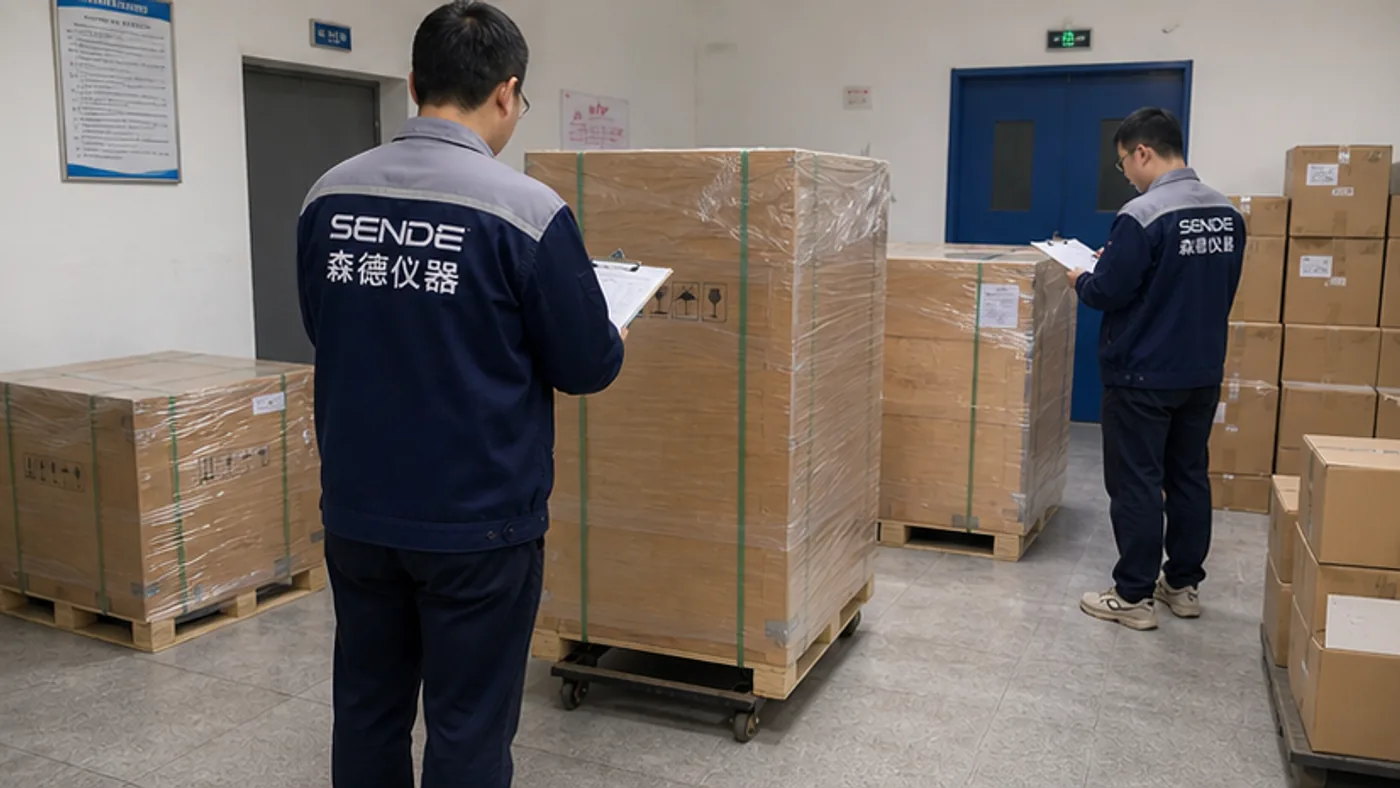 SENDE delivery team checking sealed crates in a warehouse-to-lab handover room