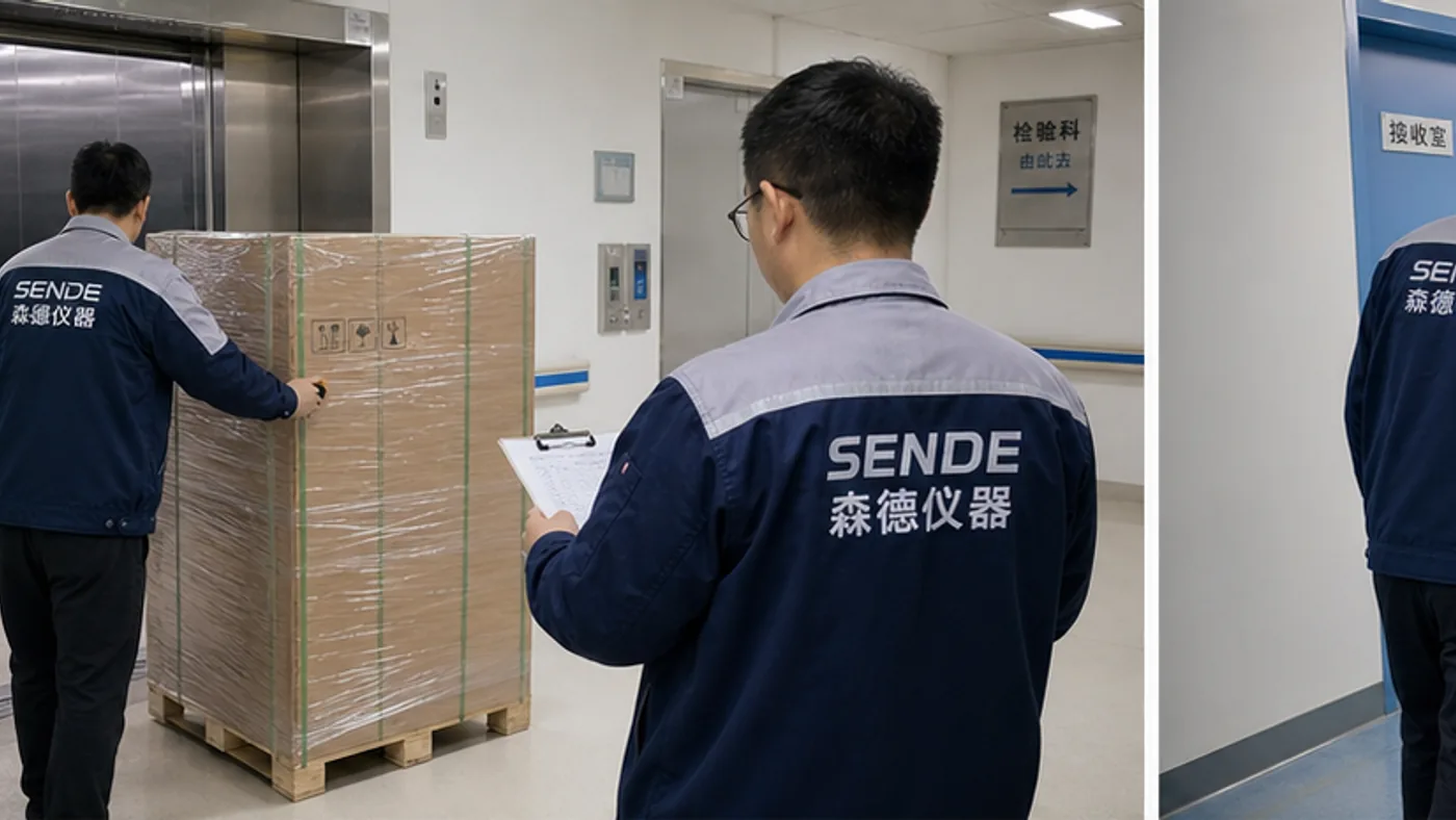 SENDE delivery team positioning sealed crates beside a laboratory freight elevator
