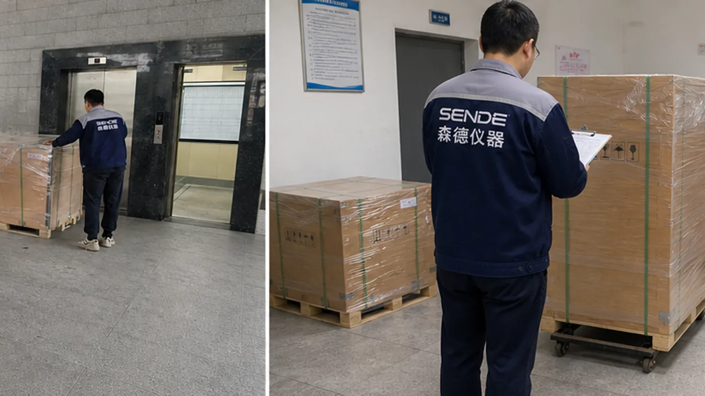 SENDE delivery team reviewing paperwork beside sealed crates in a laboratory corridor