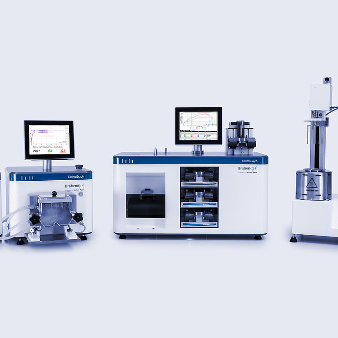 Brabender FarinoGraph, ExtensoGraph, and Amylograph-E arranged side by side with monitors, showing dough mixing, stretch