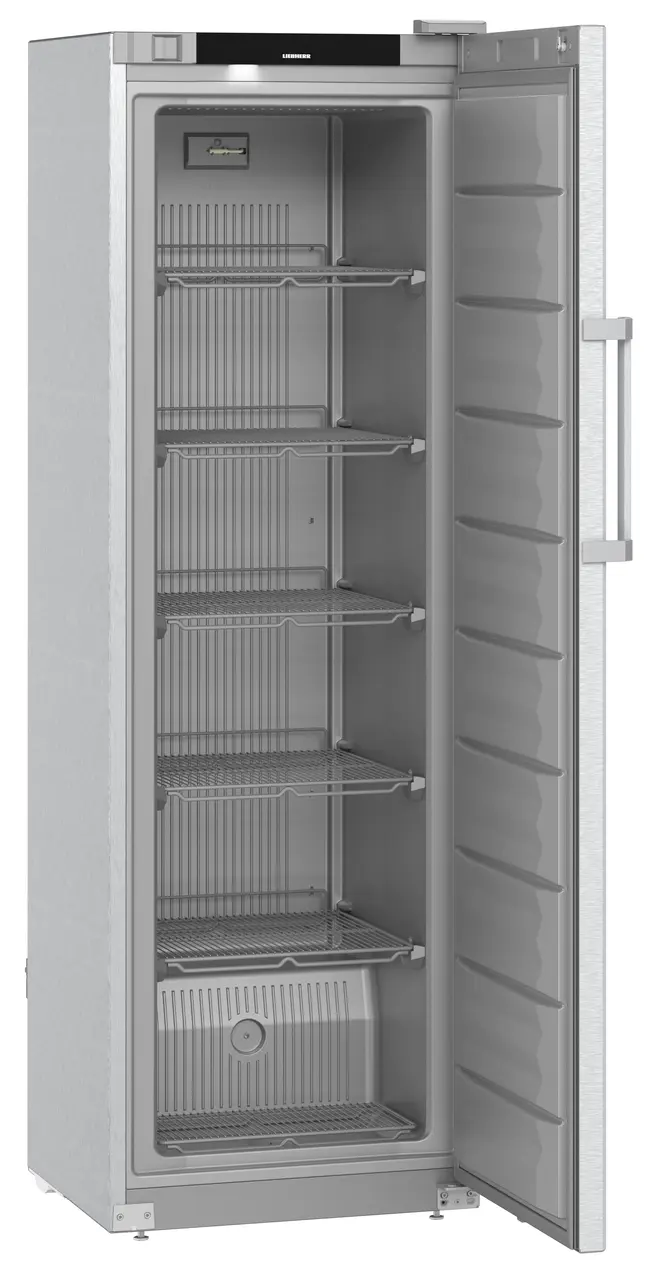 Product image, Perspective: oblique open empty, Freestanding freezer with SmartFrost, Casing colour: stainless steel, Do