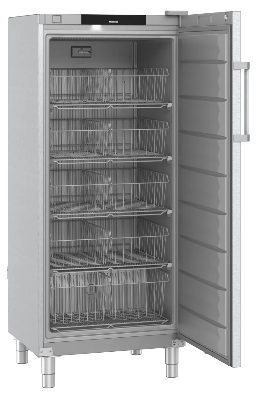 Product image, Perspective: oblique open empty, Freestanding freezer with SmartFrost, Casing colour: stainless steel, Do