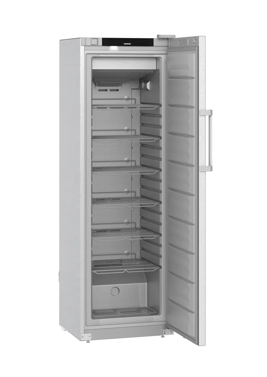 Product image, Perspective: oblique open empty, Freestanding freezer with NoFrost, Casing colour: stainless steel, Door