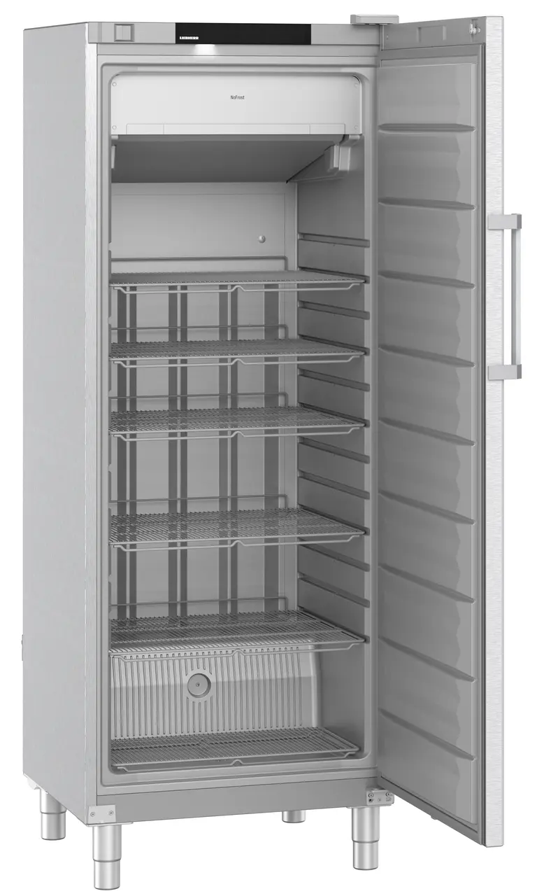 Product image, Perspective: oblique open empty, Freestanding freezer with NoFrost, Casing colour: stainless steel, Door