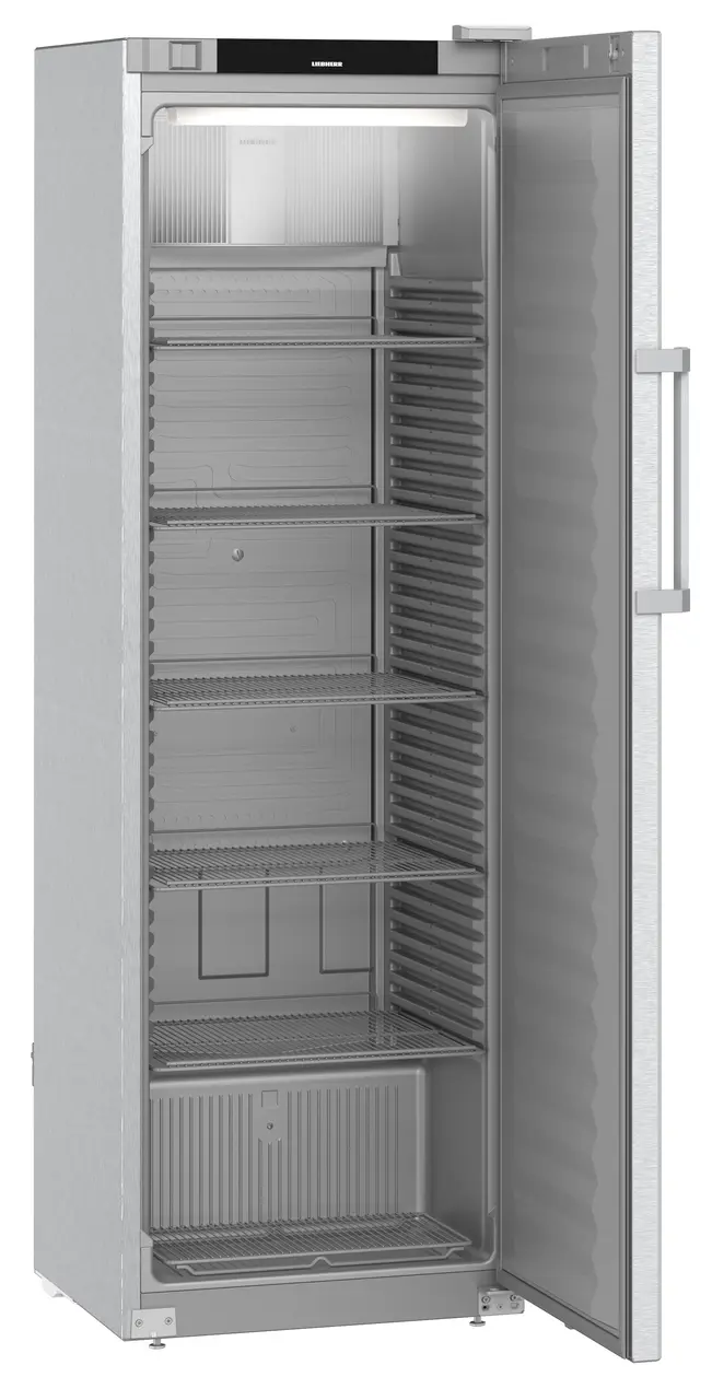 Product image, Perspective: oblique open empty, Forced-air refrigerator, Casing colour: stainless steel, Door colour: st