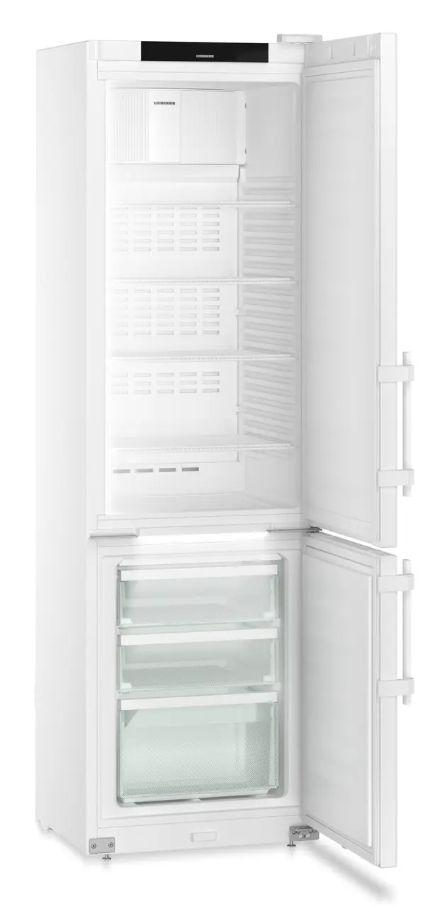Product image, Perspective: oblique open empty, Laboratory fridge-freezer with NoFrost, Casing colour: white, Door colou