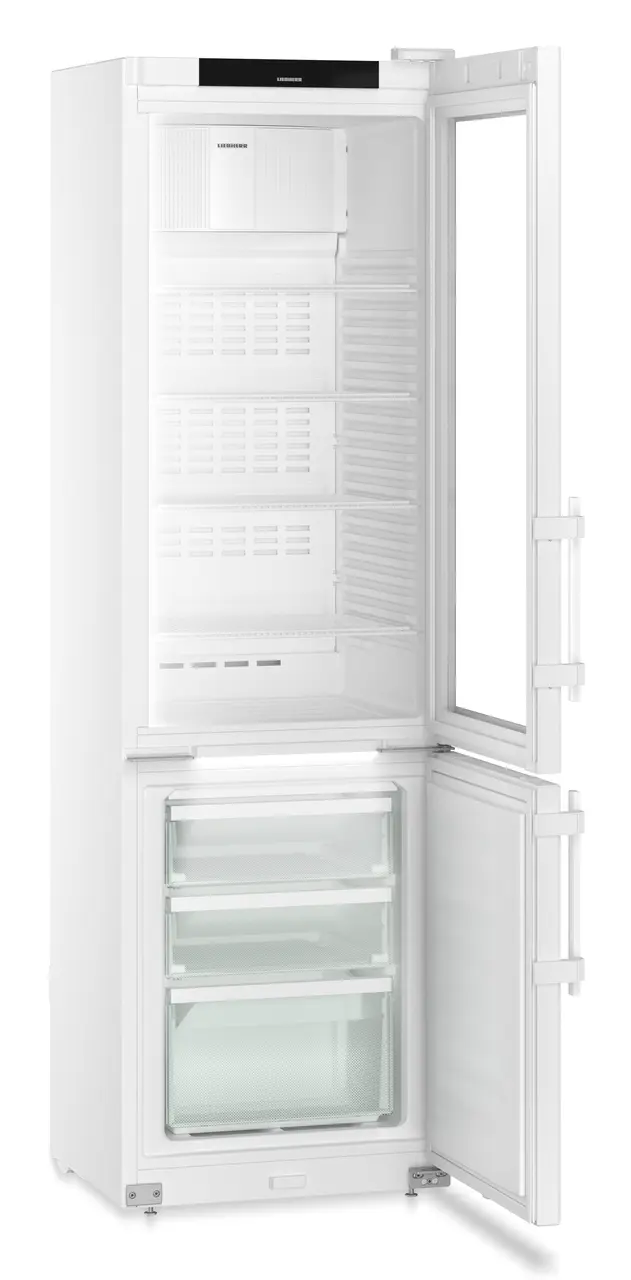 Product image, Perspective: oblique open empty, Laboratory fridge-freezer with NoFrost, Casing colour: white, Door colou