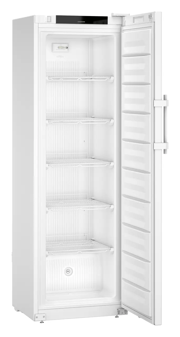 Product image, Perspective: oblique open empty, Laboratory freezer with static cooling, Casing colour: white, Door colou