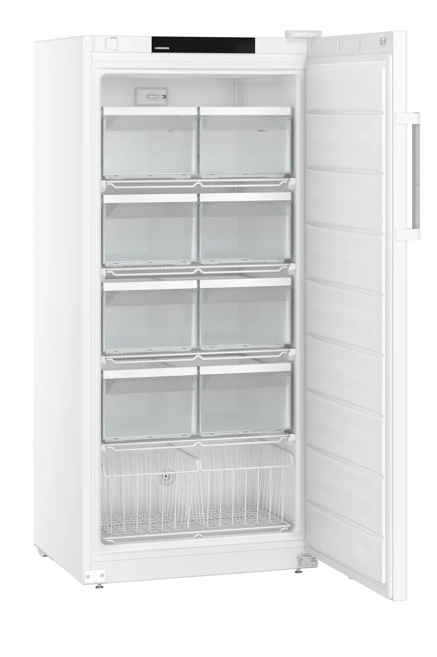 Product image, Perspective: oblique open empty, Laboratory freezer with static cooling, Casing colour: white, Door colou