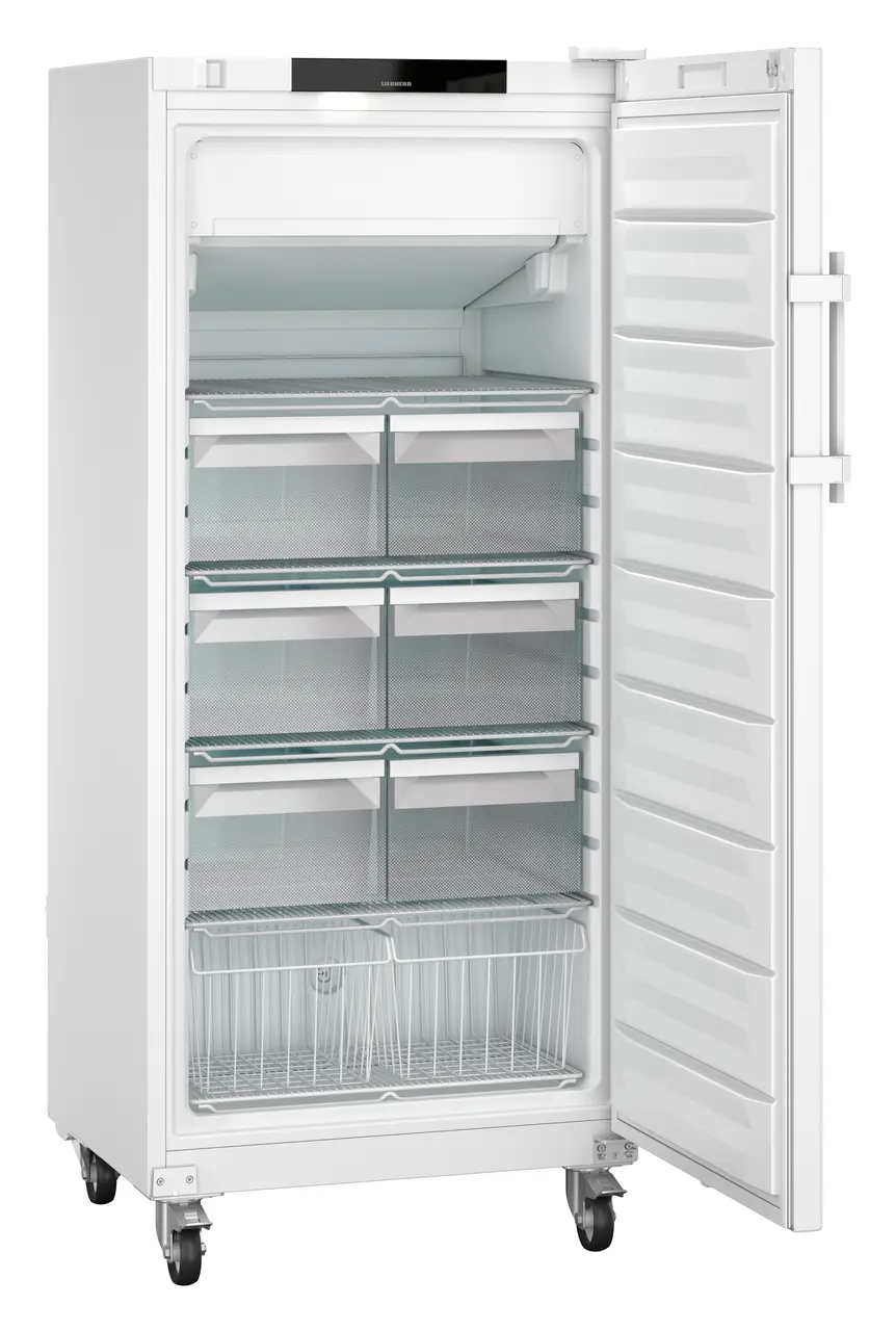 Product image, Perspective: oblique open empty, Laboratory freezer with convection cooling, Casing colour: white, Door c