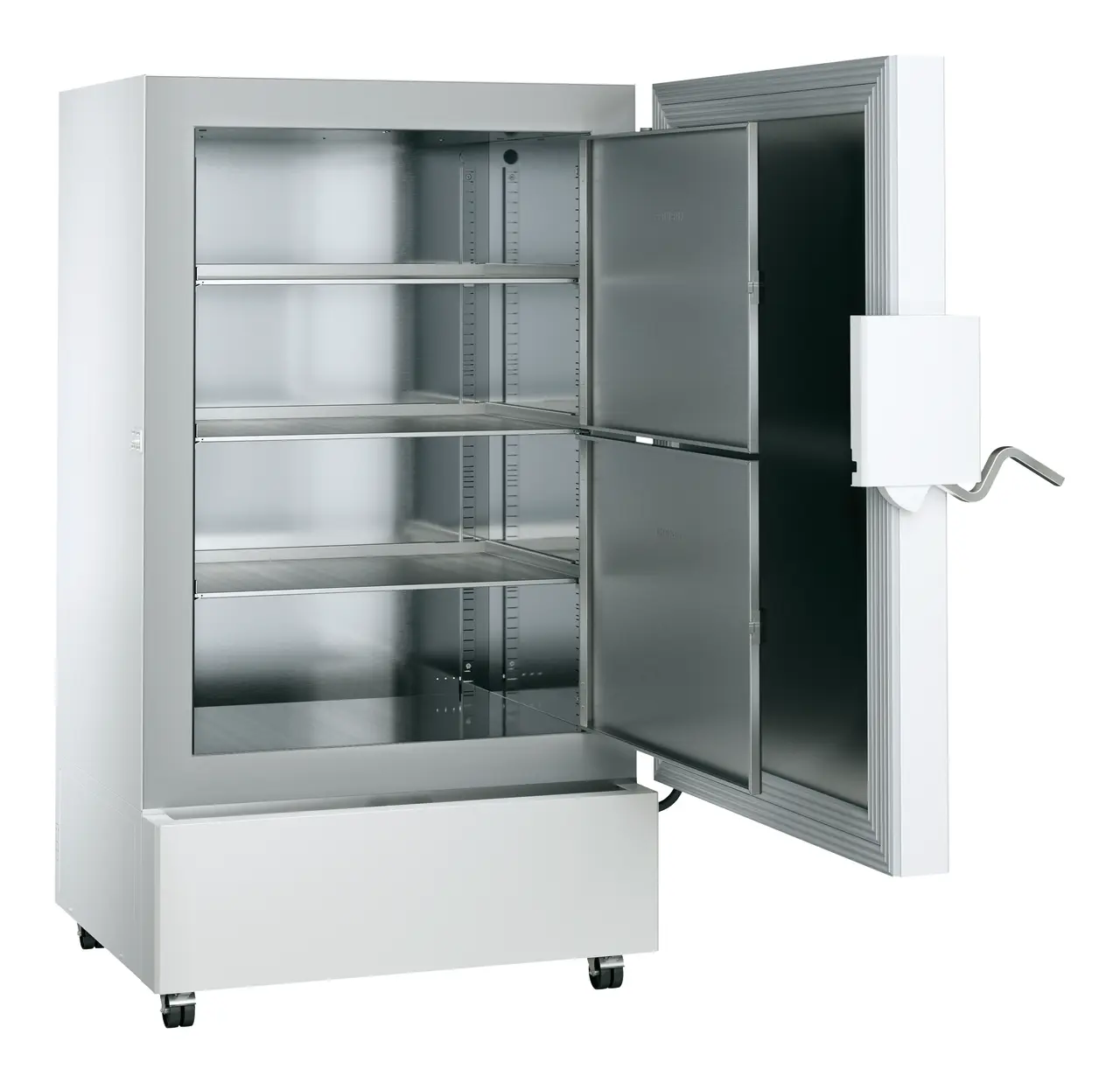 Product image, Perspective: oblique open empty, Scientific Ultra-Low-Temperature Freezer, Casing colour: white, Door col